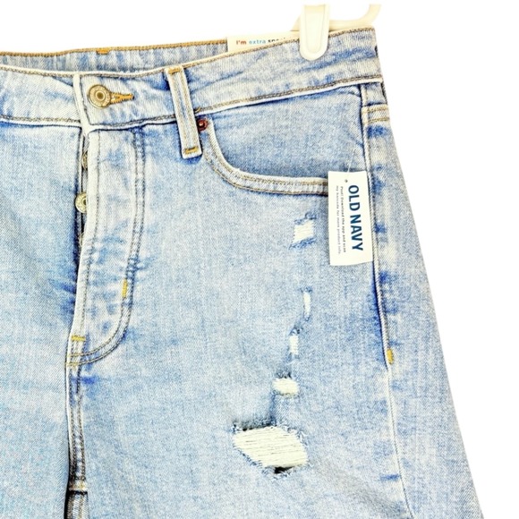 Old Navy Women Distressed Stretch Straight High Rise Buttons Blue Shorts 10 NWT - Picture 3 of 13